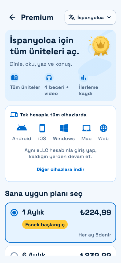 eLLC mobil uygulamasında İspanyolca Premium ekranı