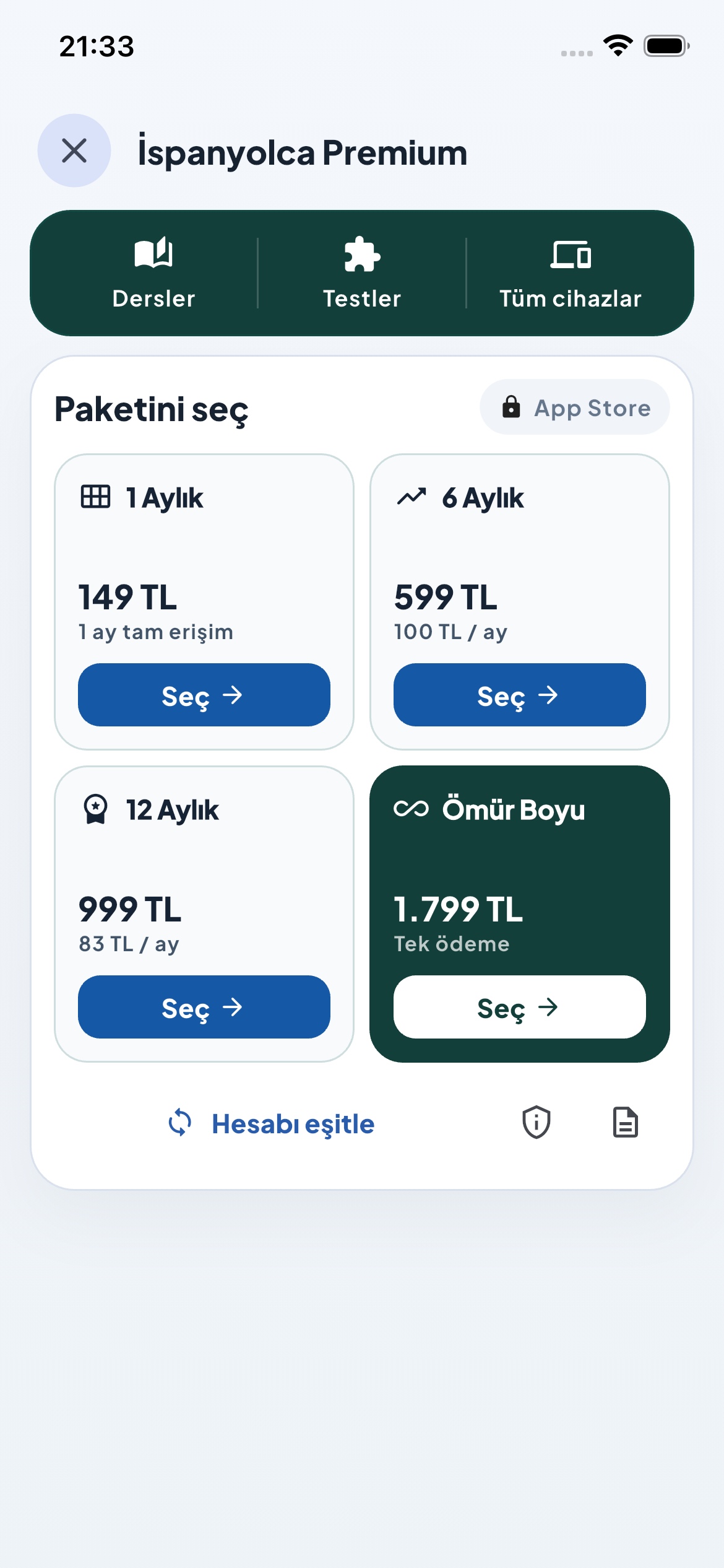 eLLC mobil uygulamasındaki Premium ekranı